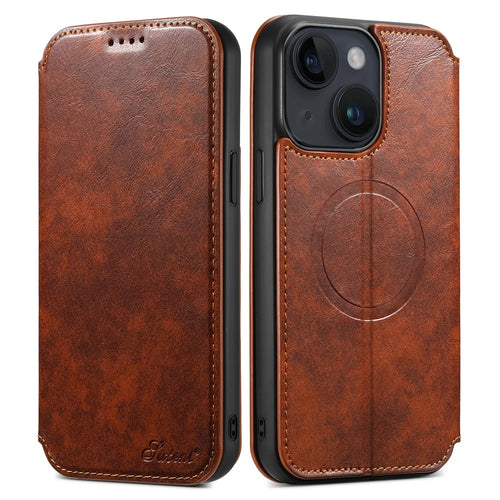 SUTENI J05 For iPhone 15 Plus Case Stand Wallet Leather Dustproof Phone Cover Compatible with MagSafe - Khaki - 1