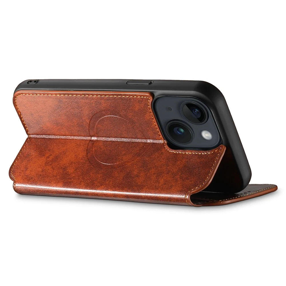 SUTENI J05 For iPhone 15 Plus Case Stand Wallet Leather Dustproof Phone Cover Compatible with MagSafe - Khaki - 3