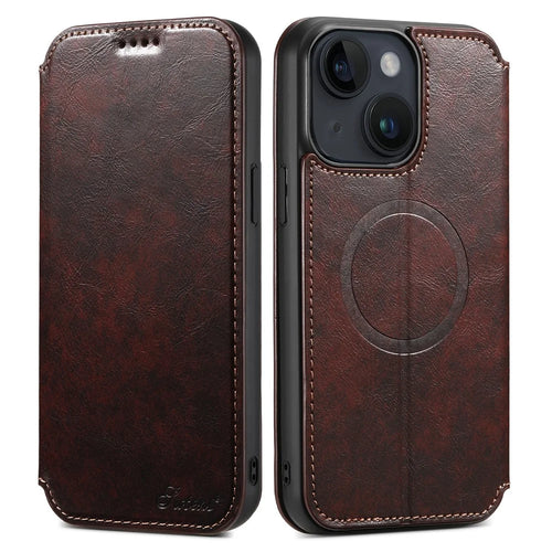 SUTENI J05 For iPhone 15 Case Compatible with MagSafe Anti-scratch Leather Card Slots Phone Cover - Brown - 1
