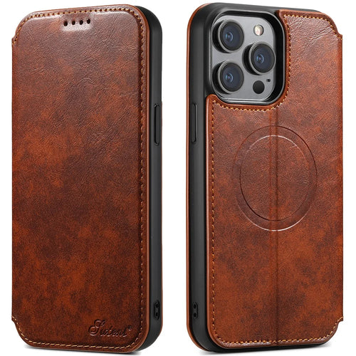 SUTENI J05 For iPhone 15 Pro Cell Phone Case Anti-drop Leather Stand Cover Compatible with MagSafe - Khaki - 1