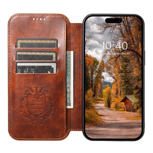 SUTENI J05 For iPhone 15 Pro Cell Phone Case Anti-drop Leather Stand Cover Compatible with MagSafe - Khaki - 2