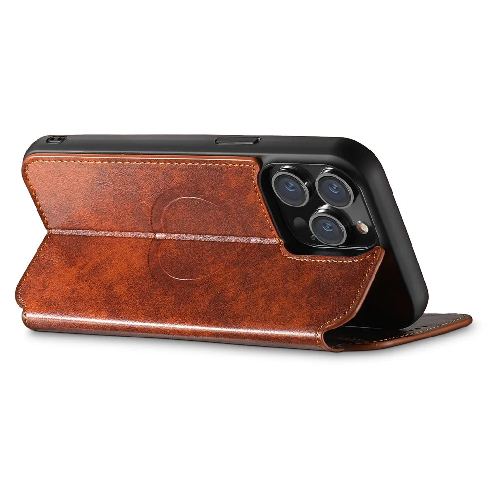 SUTENI J05 For iPhone 15 Pro Cell Phone Case Anti-drop Leather Stand Cover Compatible with MagSafe - Khaki - 3