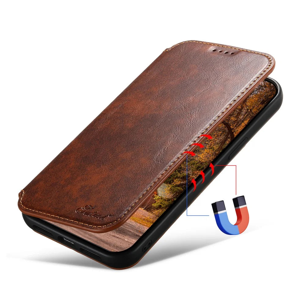 SUTENI J05 For iPhone 15 Pro Cell Phone Case Anti-drop Leather Stand Cover Compatible with MagSafe - Khaki - 4