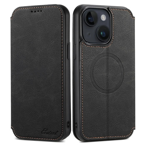SUTENI J06 For iPhone 15 Magnetic Phone Case Wallet Stand Leather Cover Compatible with MagSafe - Black - 1