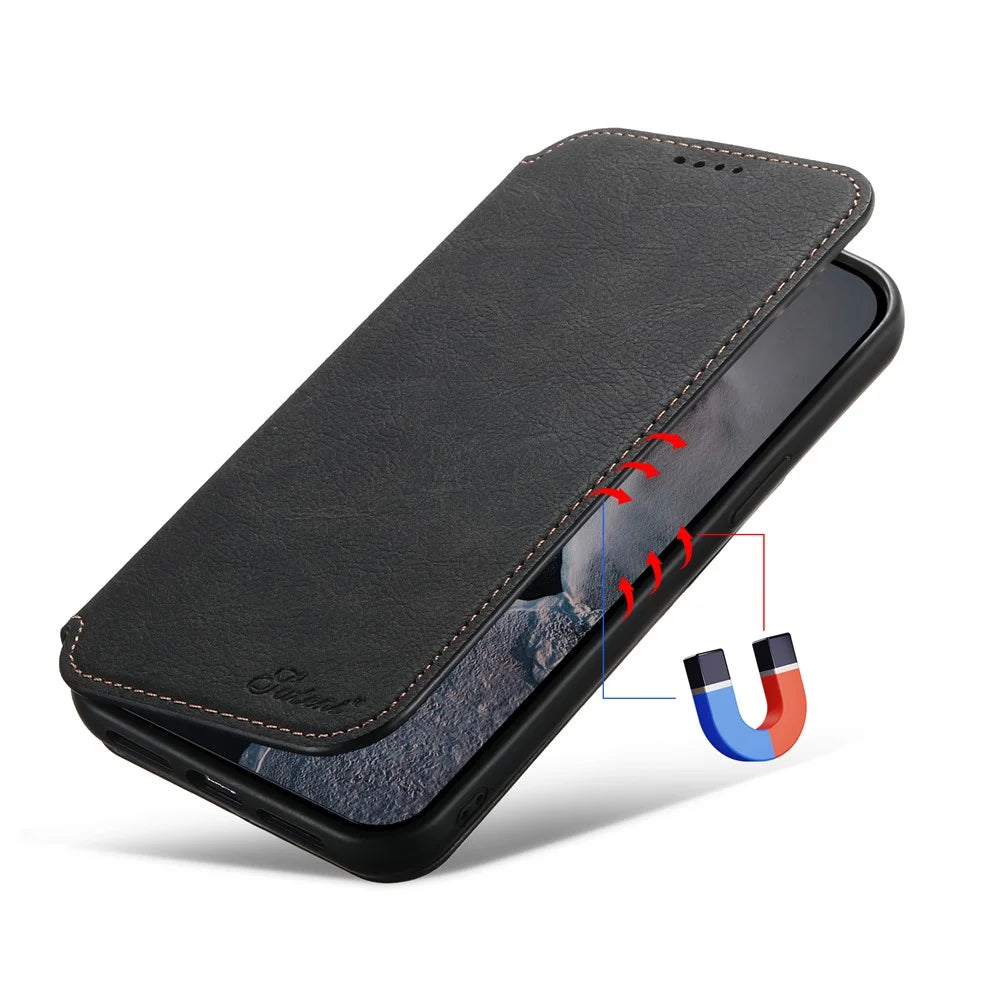 SUTENI J06 For iPhone 15 Magnetic Phone Case Wallet Stand Leather Cover Compatible with MagSafe - Black - 4
