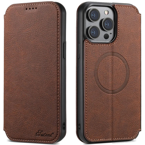 SUTENI J06 For iPhone 15 Pro Max Case Litchi Texture Leather Wallet Phone Shell Compatible with MagSafe - Brown - 1