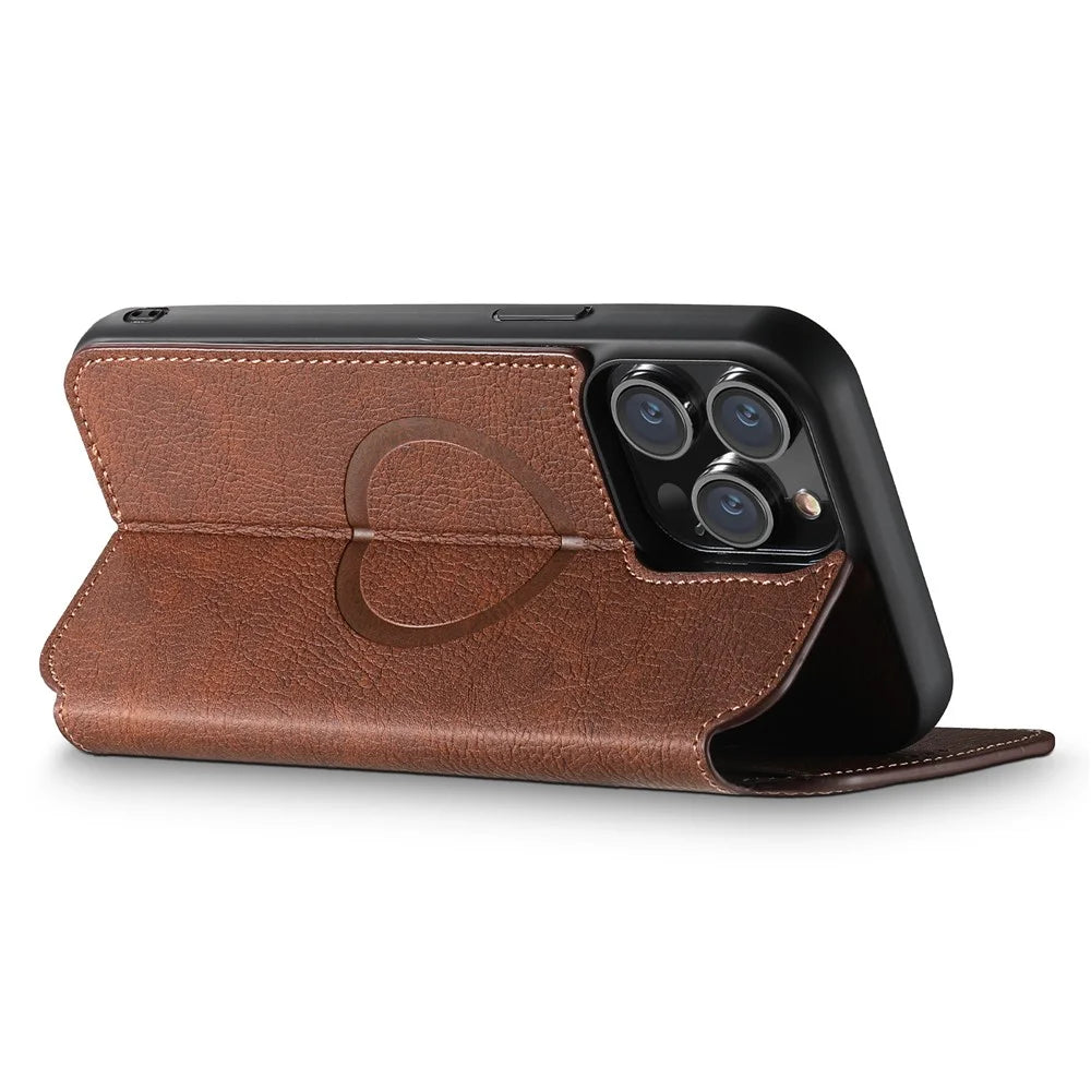 SUTENI J06 For iPhone 15 Pro Max Case Litchi Texture Leather Wallet Phone Shell Compatible with MagSafe - Brown - 3