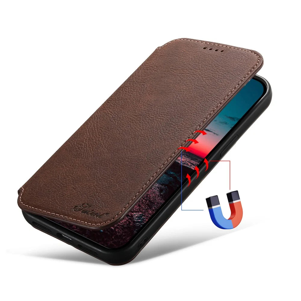 SUTENI J06 For iPhone 15 Pro Max Case Litchi Texture Leather Wallet Phone Shell Compatible with MagSafe - Brown - 4