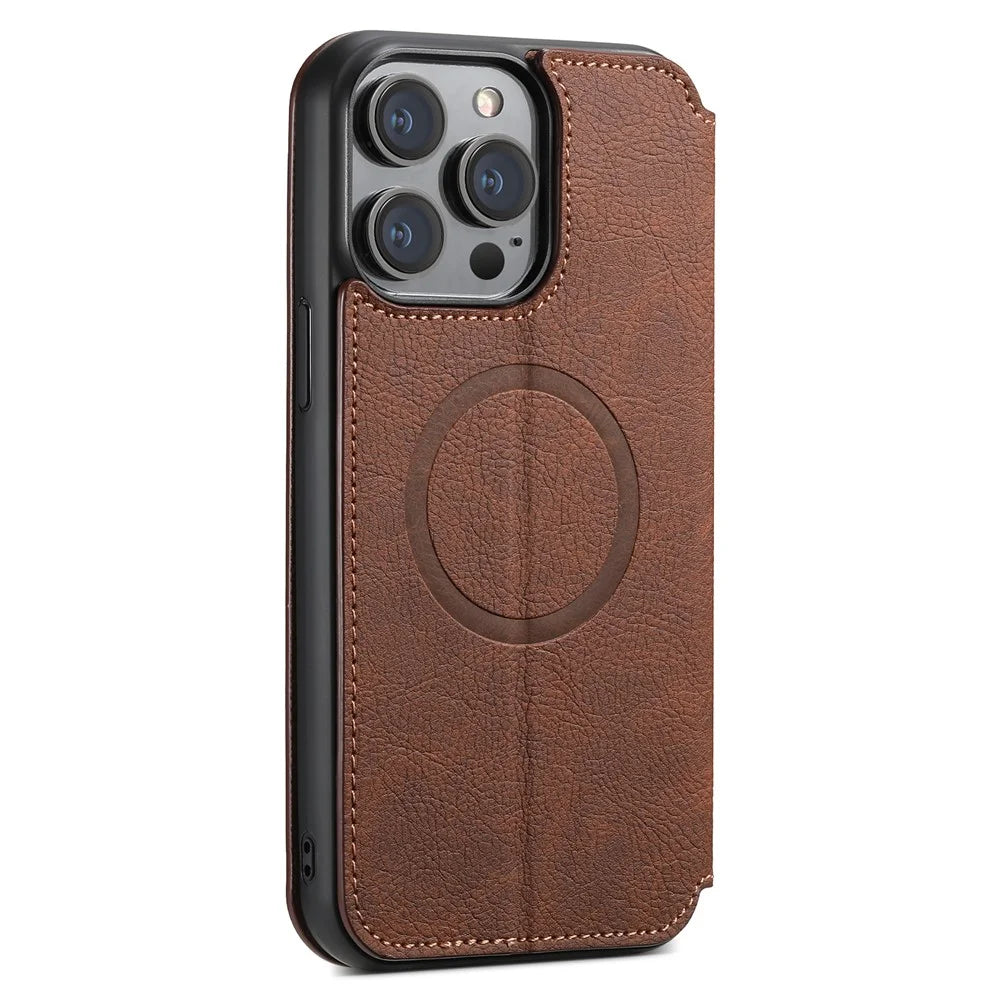 SUTENI J06 For iPhone 15 Pro Max Case Litchi Texture Leather Wallet Phone Shell Compatible with MagSafe - Brown - 6