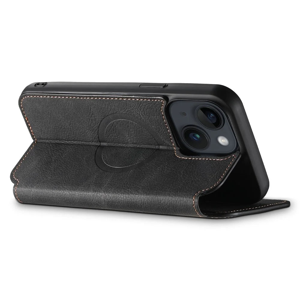 SUTENI J06 For iPhone 15 Plus Case Litchi Texture PU Leather+TPU Cover Compatible with MagSafe - Black - 3