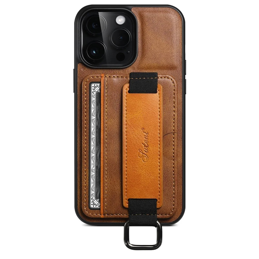 SUTENI H13 For iPhone 15 Pro Max Case PU Leather Coated PC+TPU Phone Shell with Kickstand, Card Slot - Brown - 1