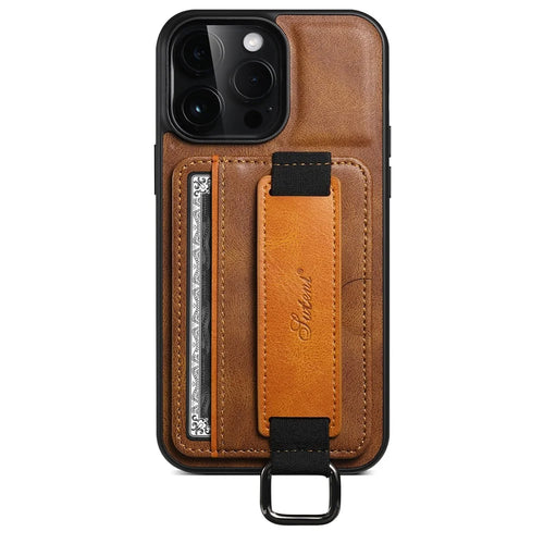 SUTENI H13 For iPhone 15 Pro Max Case PU Leather Coated PC+TPU Phone Shell with Kickstand, Card Slot - Brown - 1