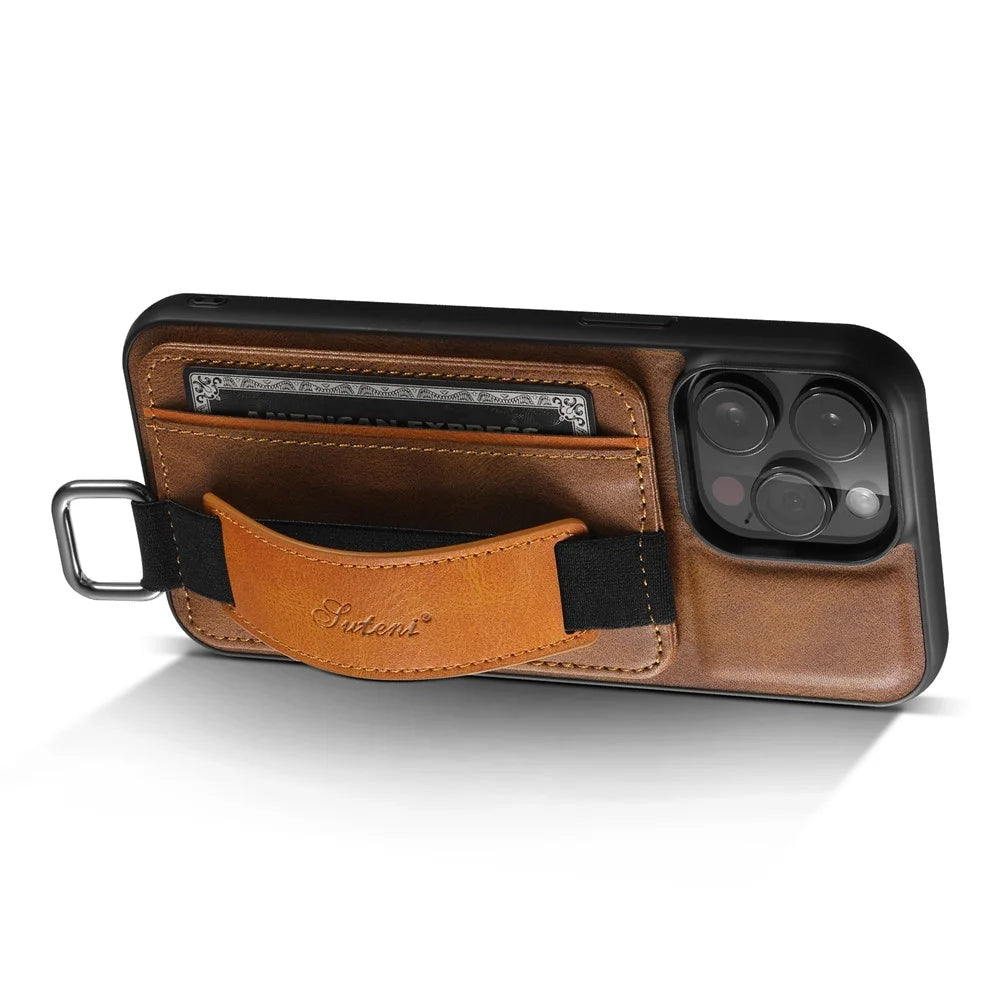 SUTENI H13 For iPhone 15 Pro Max Case PU Leather Coated PC+TPU Phone Shell with Kickstand, Card Slot - Brown - 2