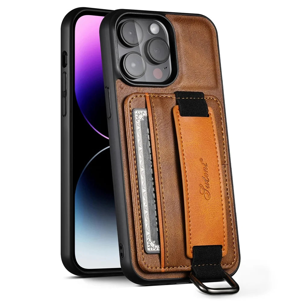 SUTENI H13 For iPhone 15 Pro Max Case PU Leather Coated PC+TPU Phone Shell with Kickstand, Card Slot - Brown - 3