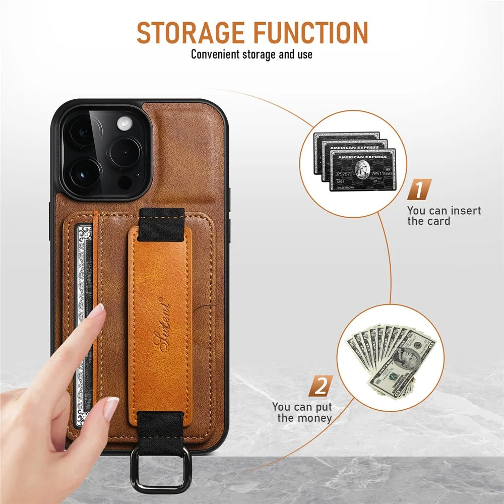 SUTENI H13 For iPhone 15 Pro Max Case PU Leather Coated PC+TPU Phone Shell with Kickstand, Card Slot - Brown - 4