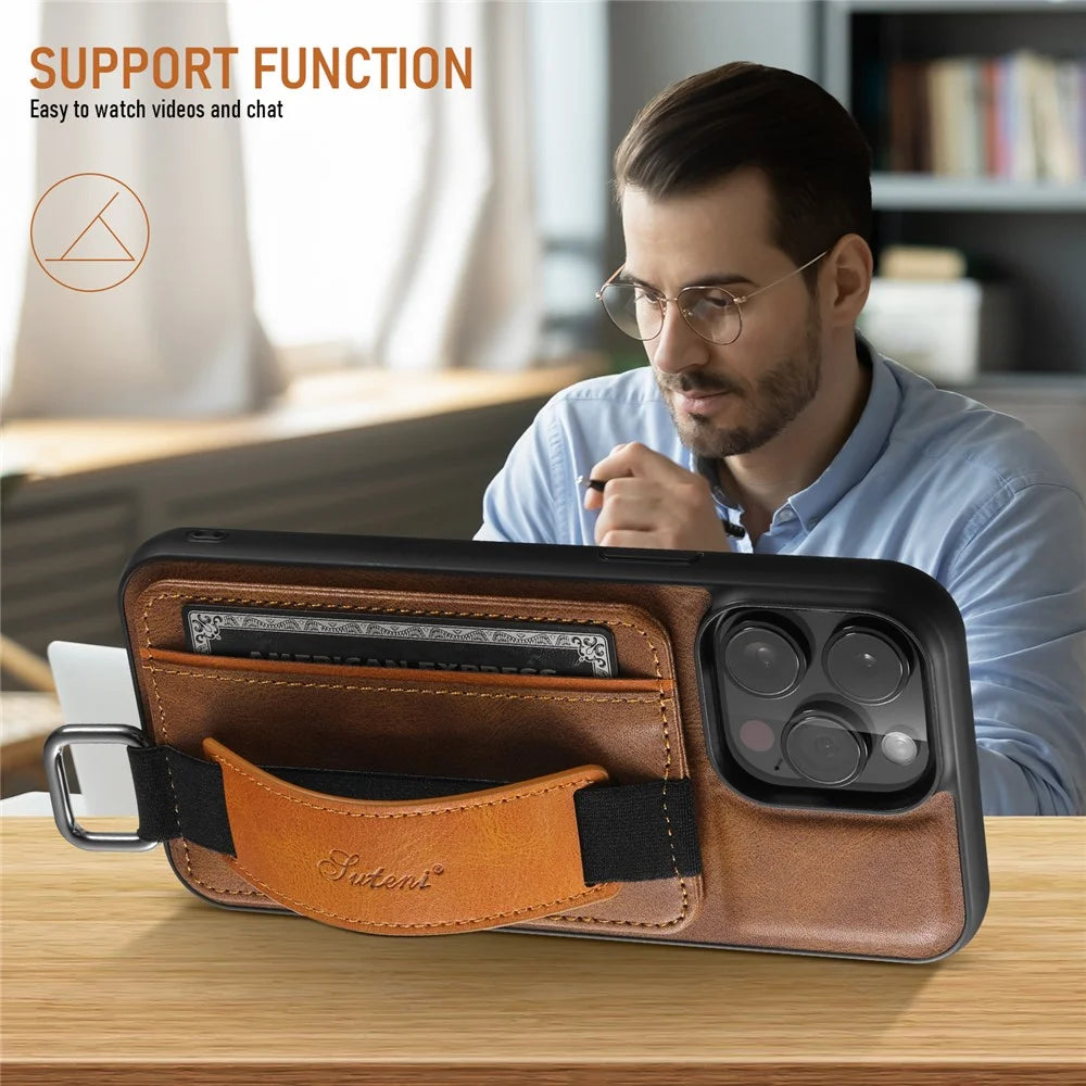 SUTENI H13 For iPhone 15 Pro Max Case PU Leather Coated PC+TPU Phone Shell with Kickstand, Card Slot - Brown - 5