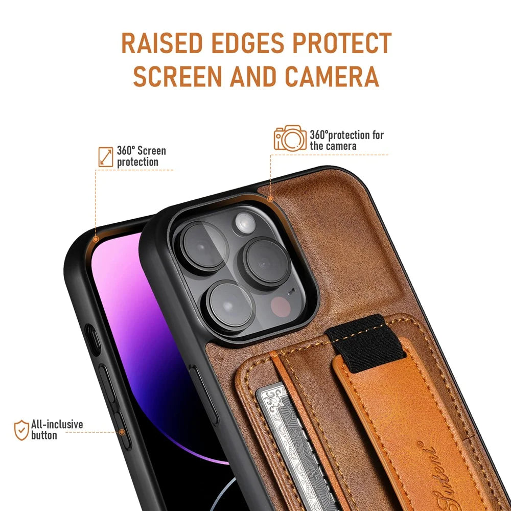 SUTENI H13 For iPhone 15 Pro Max Case PU Leather Coated PC+TPU Phone Shell with Kickstand, Card Slot - Brown - 6