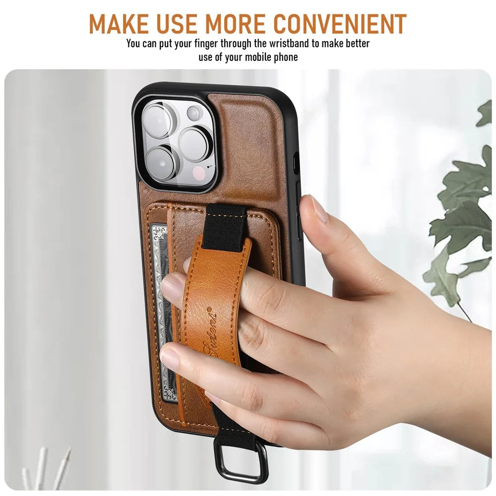 SUTENI H13 For iPhone 15 Pro Max Case PU Leather Coated PC+TPU Phone Shell with Kickstand, Card Slot - Brown - 7