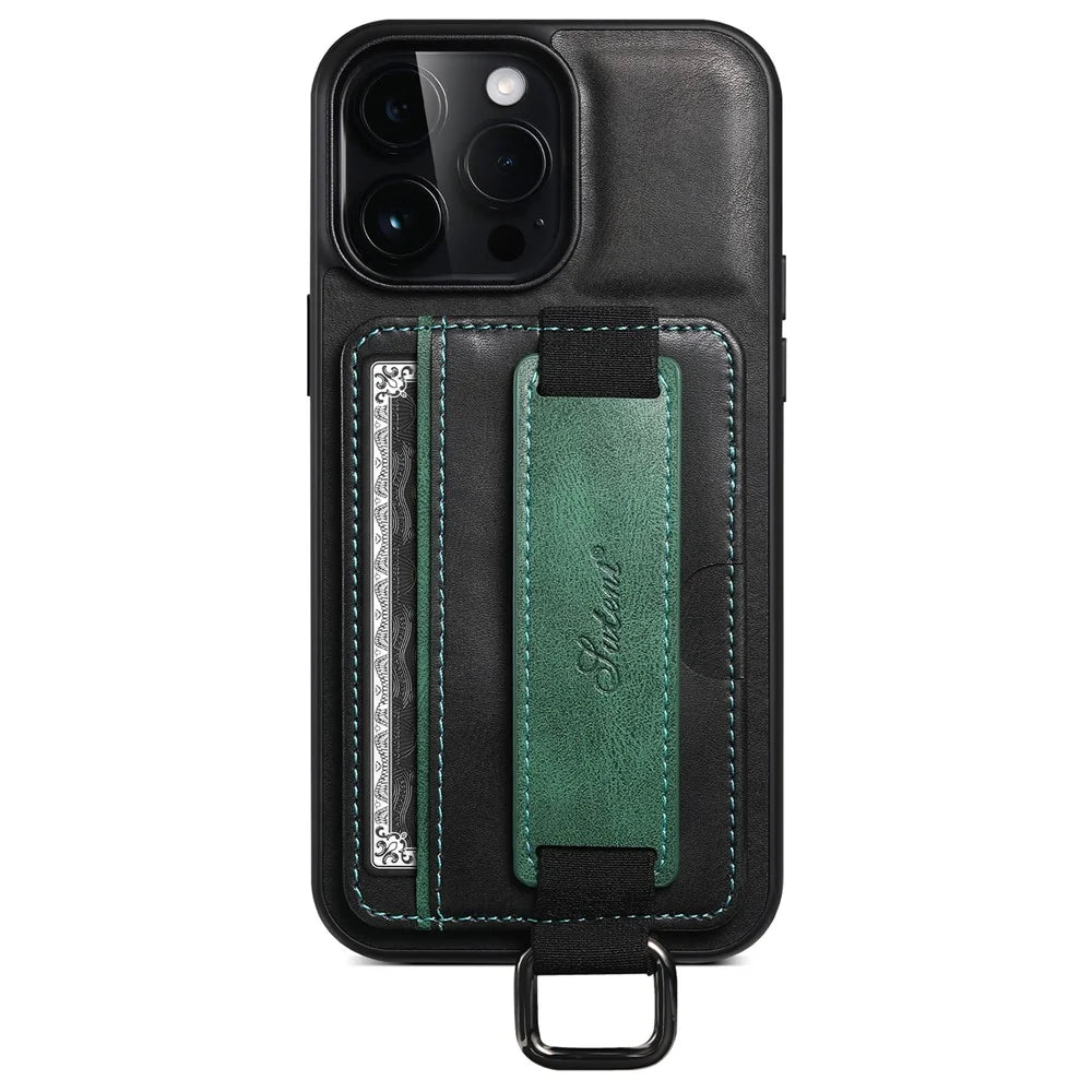 SUTENI H13 For iPhone 15 Pro Case PU Leather Coated TPU Kickstand Phone Cover with Hand Strap - Black - 1