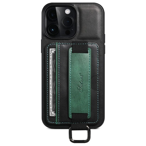 SUTENI H13 For iPhone 15 Pro Case PU Leather Coated TPU Kickstand Phone Cover with Hand Strap - Black - 1