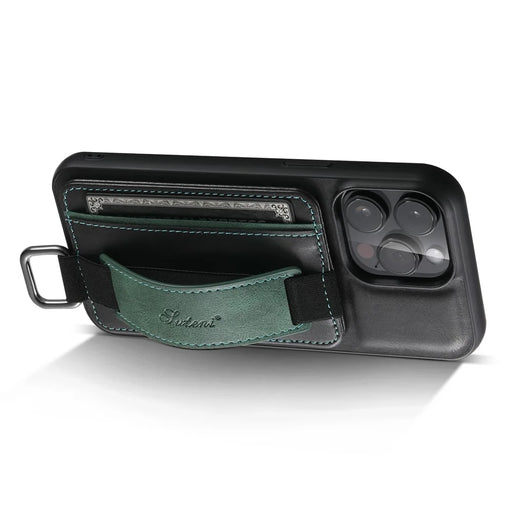 SUTENI H13 For iPhone 15 Pro Case PU Leather Coated TPU Kickstand Phone Cover with Hand Strap - Black - 2