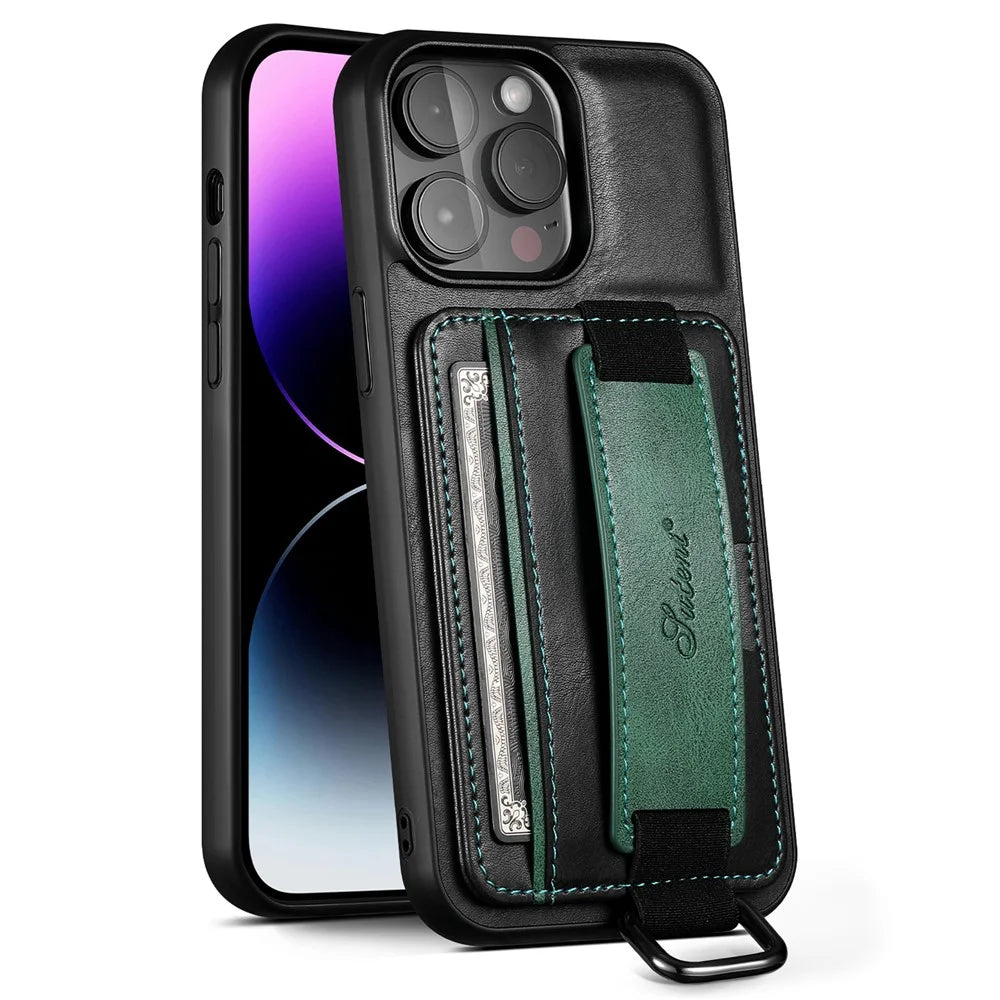 SUTENI H13 For iPhone 15 Pro Case PU Leather Coated TPU Kickstand Phone Cover with Hand Strap - Black - 3