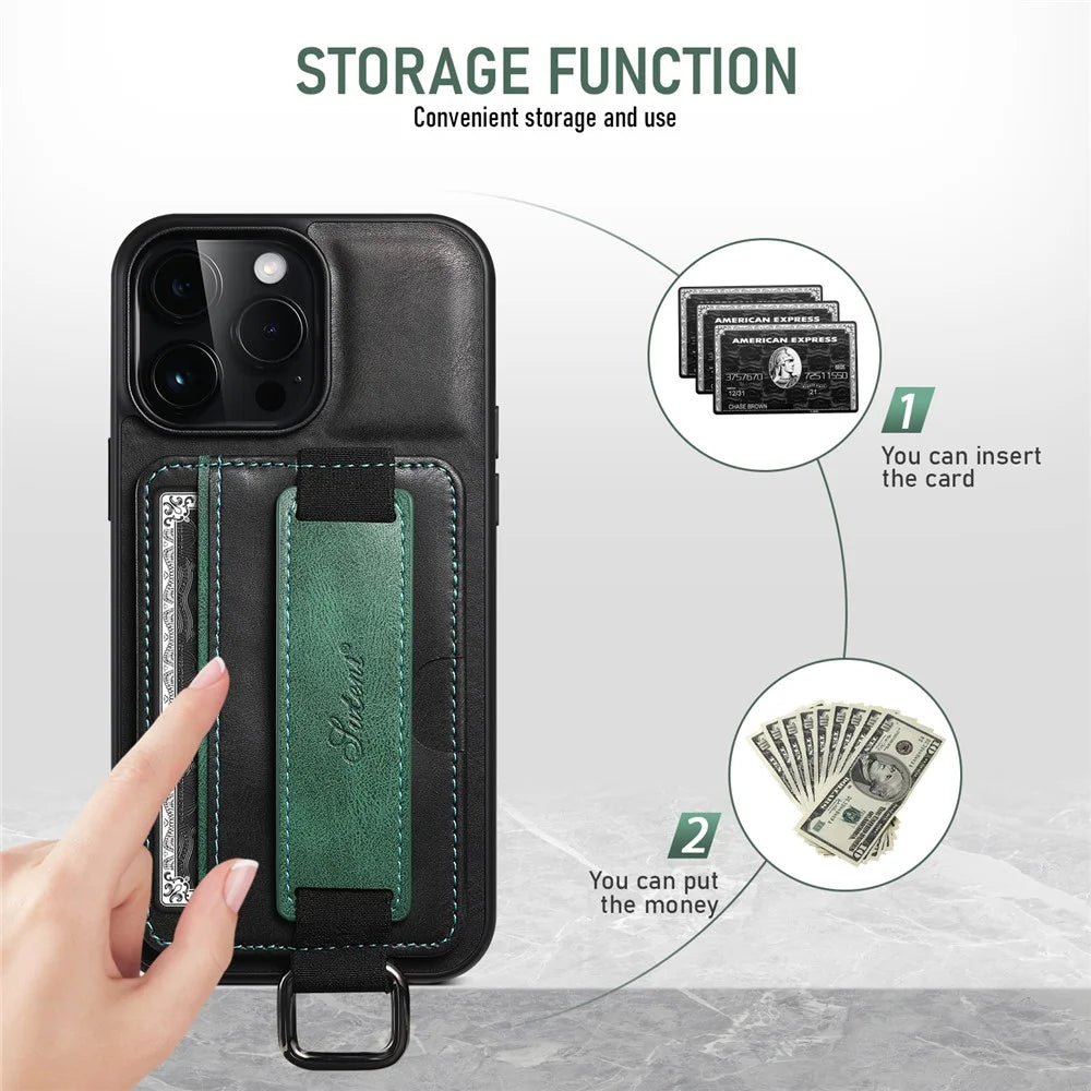 SUTENI H13 For iPhone 15 Pro Case PU Leather Coated TPU Kickstand Phone Cover with Hand Strap - Black - 4