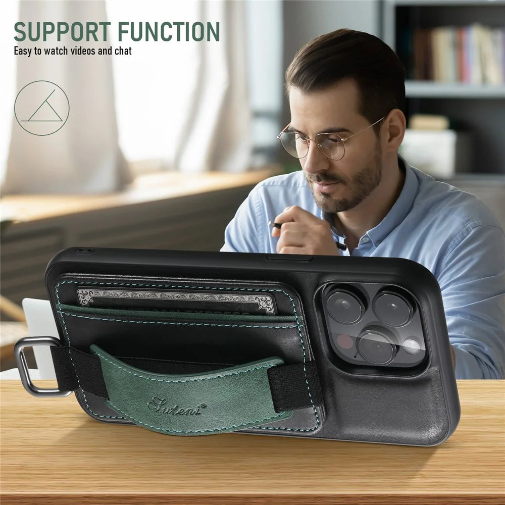 SUTENI H13 For iPhone 15 Pro Case PU Leather Coated TPU Kickstand Phone Cover with Hand Strap - Black - 5