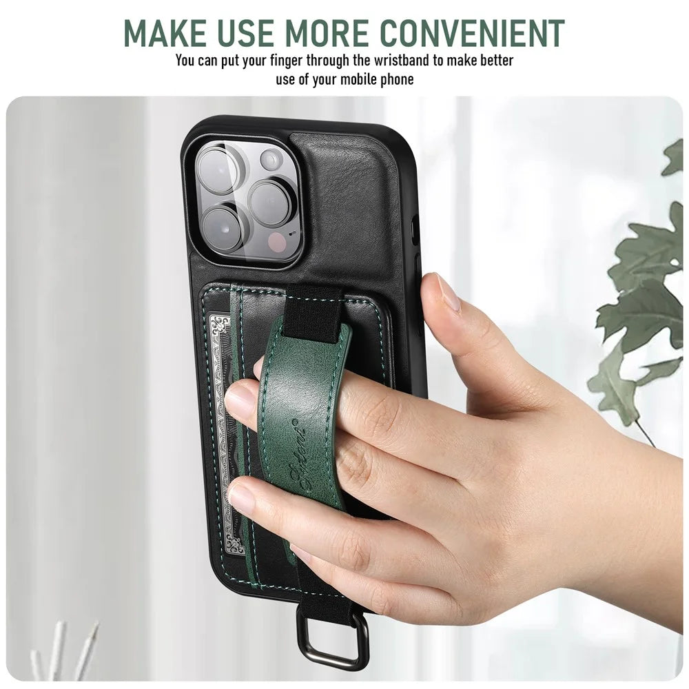 SUTENI H13 For iPhone 15 Pro Case PU Leather Coated TPU Kickstand Phone Cover with Hand Strap - Black - 7
