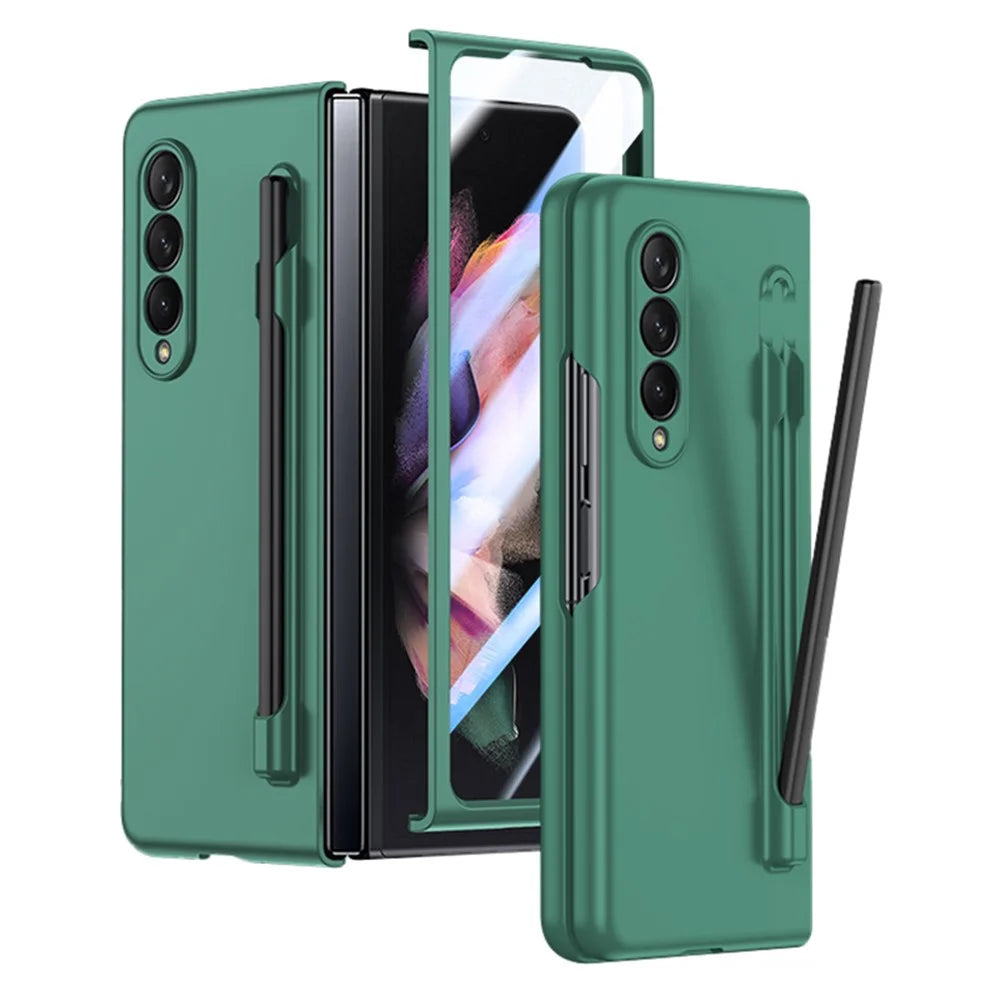 For Samsung Galaxy Z Fold3 5G Case Skin Feel Phone Cover with Tempered Glass Film / Stylus Pen - Green - 1