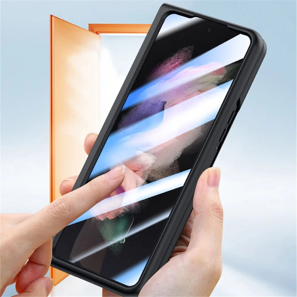 For Samsung Galaxy Z Fold3 5G Case Skin Feel Phone Cover with Tempered Glass Film / Stylus Pen - Green - 5