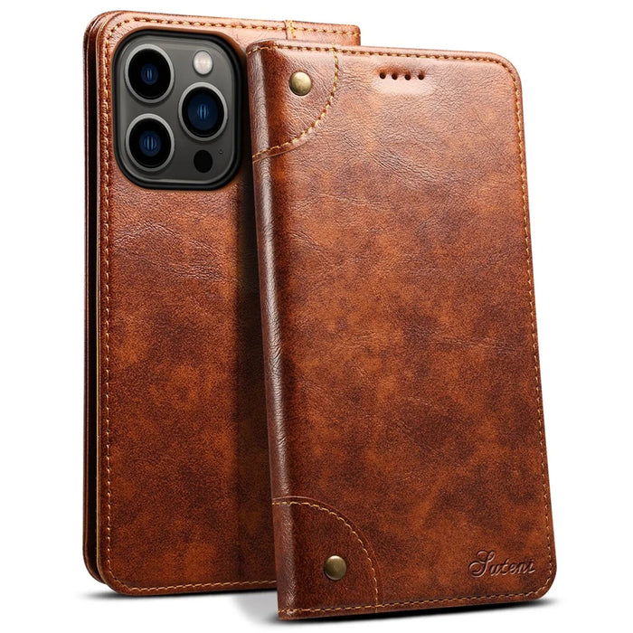 SUTENI For iPhone 15 Pro Case Anti-scratch PU Leather+TPU Cell Phone Wallet Cover - Khaki - 1
