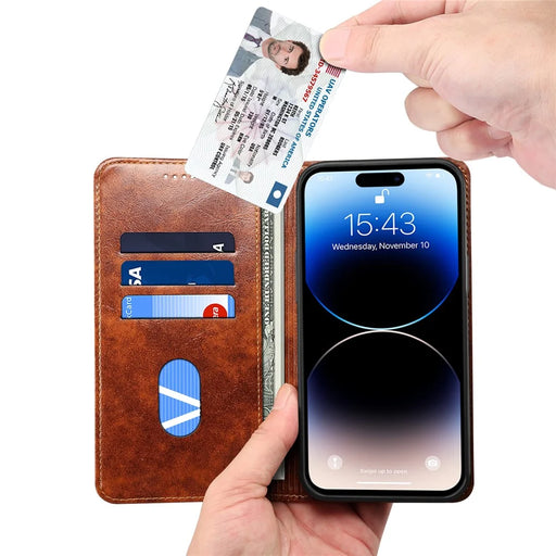 SUTENI For iPhone 15 Pro Case Anti-scratch PU Leather+TPU Cell Phone Wallet Cover - Khaki - 2