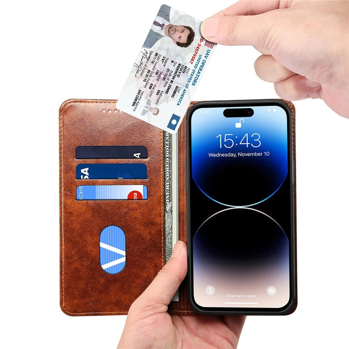 SUTENI For iPhone 15 Pro Case Anti-scratch PU Leather+TPU Cell Phone Wallet Cover - Khaki - 2