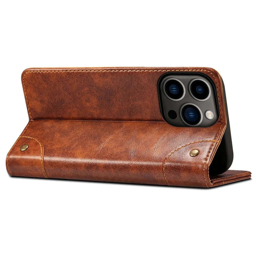 SUTENI For iPhone 15 Pro Case Anti-scratch PU Leather+TPU Cell Phone Wallet Cover - Khaki - 3