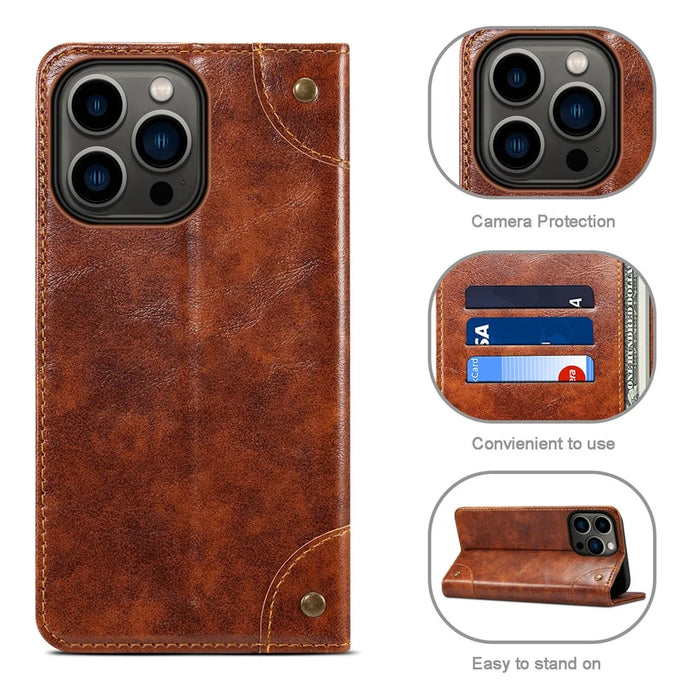 SUTENI For iPhone 15 Pro Case Anti-scratch PU Leather+TPU Cell Phone Wallet Cover - Khaki - 4