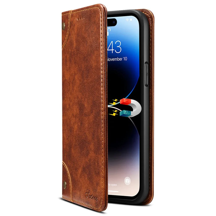 SUTENI For iPhone 15 Pro Case Anti-scratch PU Leather+TPU Cell Phone Wallet Cover - Khaki - 6