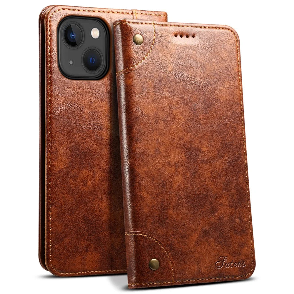 SUTENI For iPhone 15 Magnetic Case PU Leather+TPU Scratch-proof Stand Cell Phone Cover - Khaki - 1