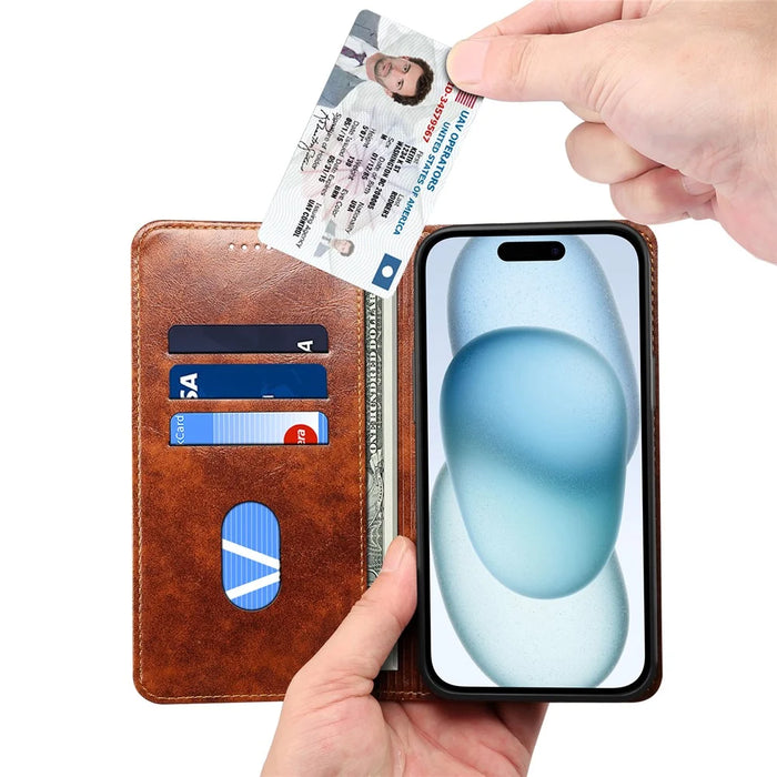 SUTENI For iPhone 15 Magnetic Case PU Leather+TPU Scratch-proof Stand Cell Phone Cover - Khaki - 2