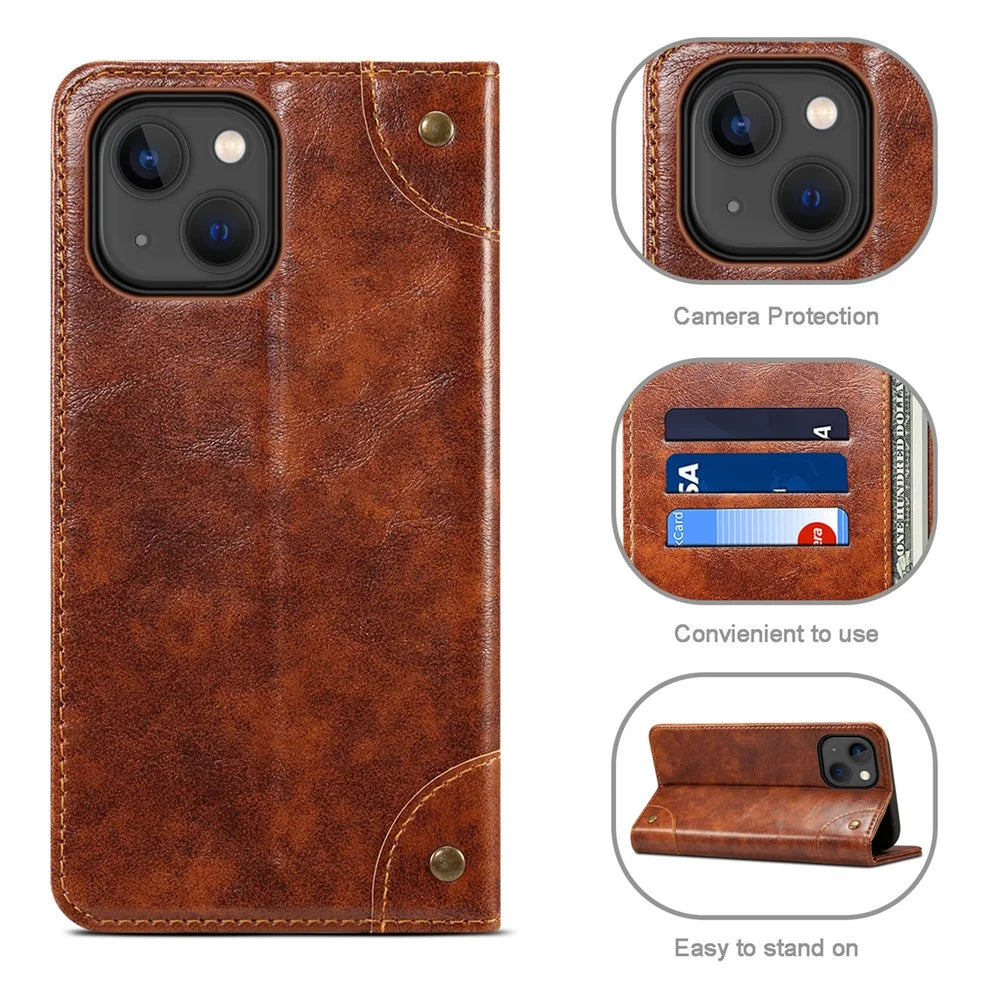 SUTENI For iPhone 15 Magnetic Case PU Leather+TPU Scratch-proof Stand Cell Phone Cover - Khaki - 4