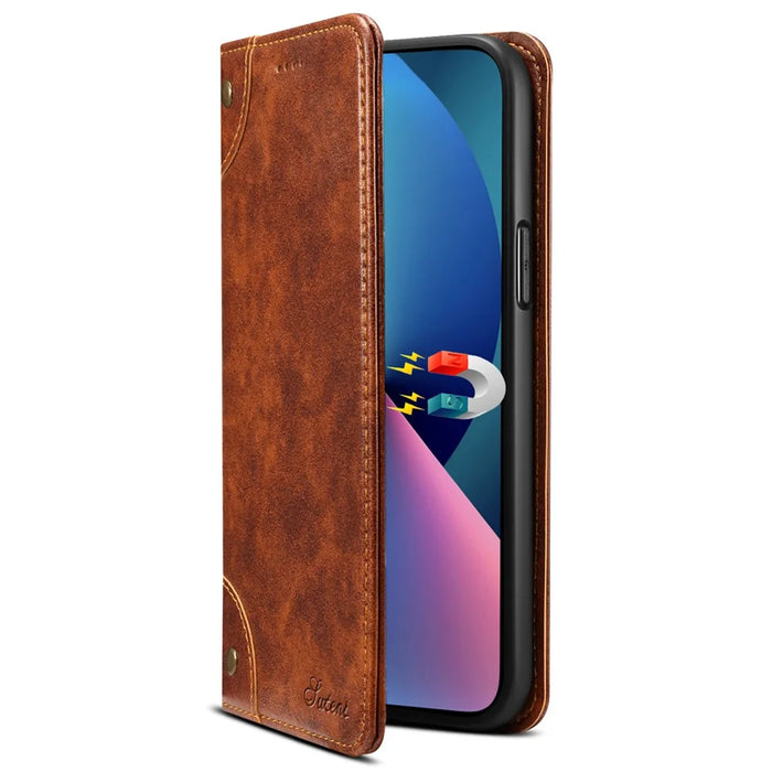 SUTENI For iPhone 15 Magnetic Case PU Leather+TPU Scratch-proof Stand Cell Phone Cover - Khaki - 6