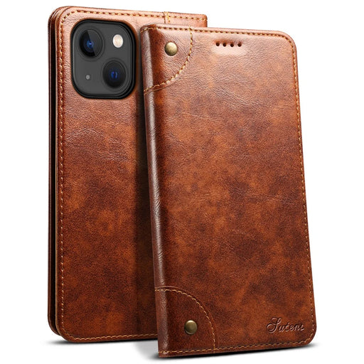 SUTENI For iPhone 15 Plus Magnetic Case Drop-resistant PU Leather Card Holder Phone Protector - Khaki - 1
