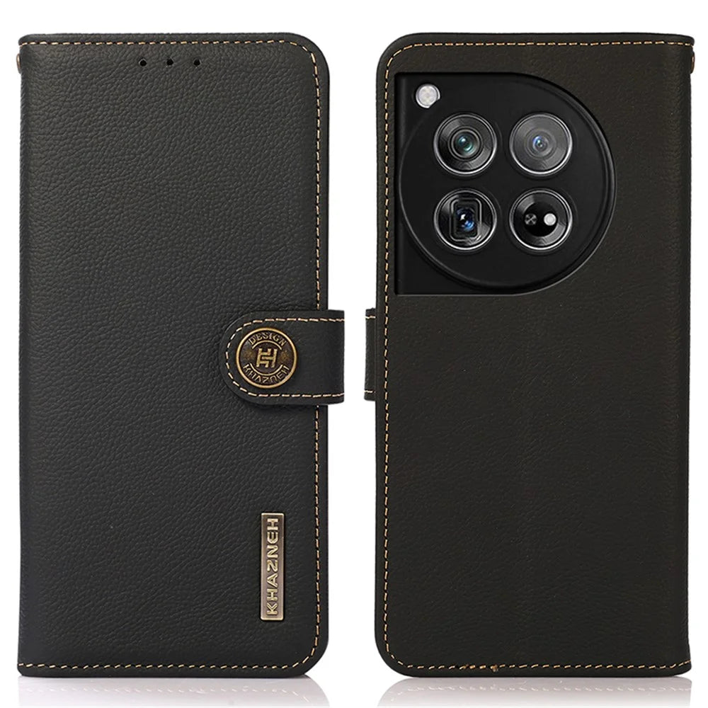 KHAZNEH For OnePlus 12 5G Cell Phone Case Genuine Cow Leather+TPU RFID Blocking Stand Cover - Black - 1