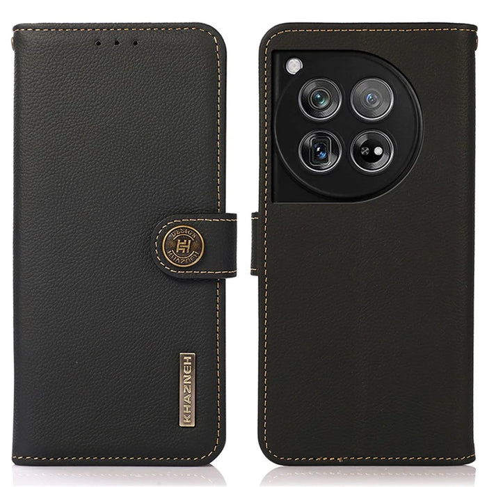 KHAZNEH For OnePlus 12 5G Cell Phone Case Genuine Cow Leather+TPU RFID Blocking Stand Cover - Black - 1