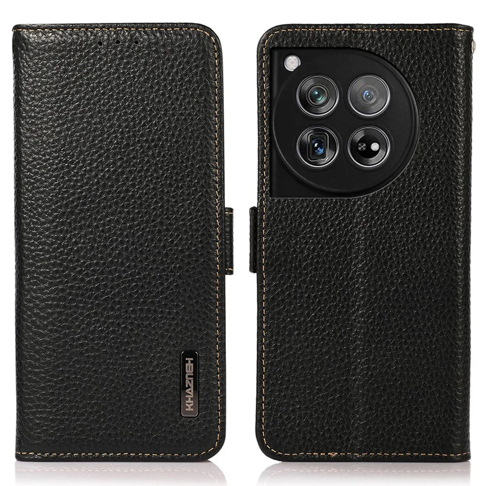 KHAZNEH For OnePlus 12 5G Case Genuine Cow Leather Litchi Texture RFID Blocking Phone Cover - Black - 1