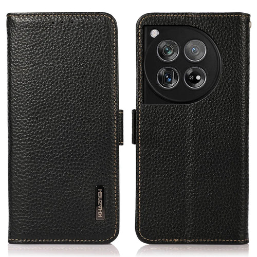 KHAZNEH For OnePlus 12 5G Case Genuine Cow Leather Litchi Texture RFID Blocking Phone Cover - Black - 1