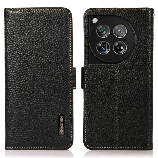 KHAZNEH For OnePlus 12 5G Case Genuine Cow Leather Litchi Texture RFID Blocking Phone Cover - Black - 1
