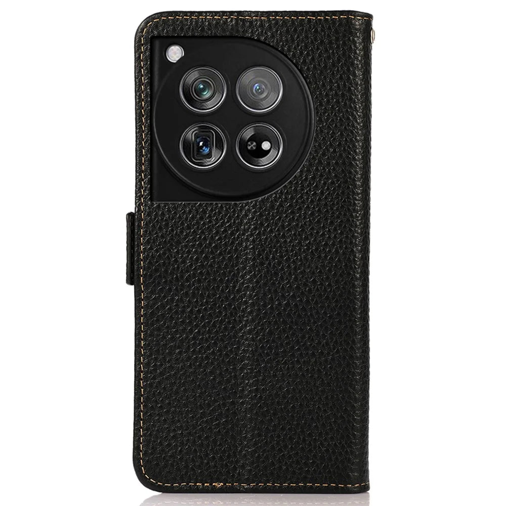 KHAZNEH For OnePlus 12 5G Case Genuine Cow Leather Litchi Texture RFID Blocking Phone Cover - Black - 7