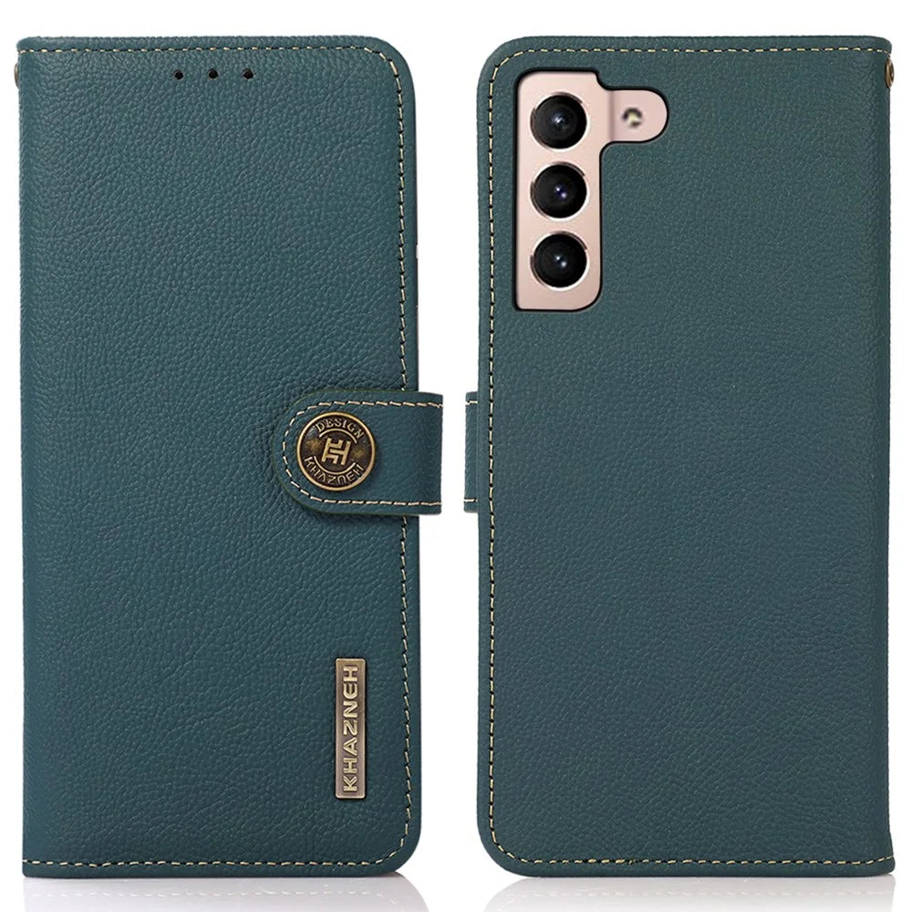 KHAZNEH For Samsung Galaxy A35 5G Magnetic Phone Case RFID Blocking Genuine Cow Leather Card Holder Cover - Green - 1