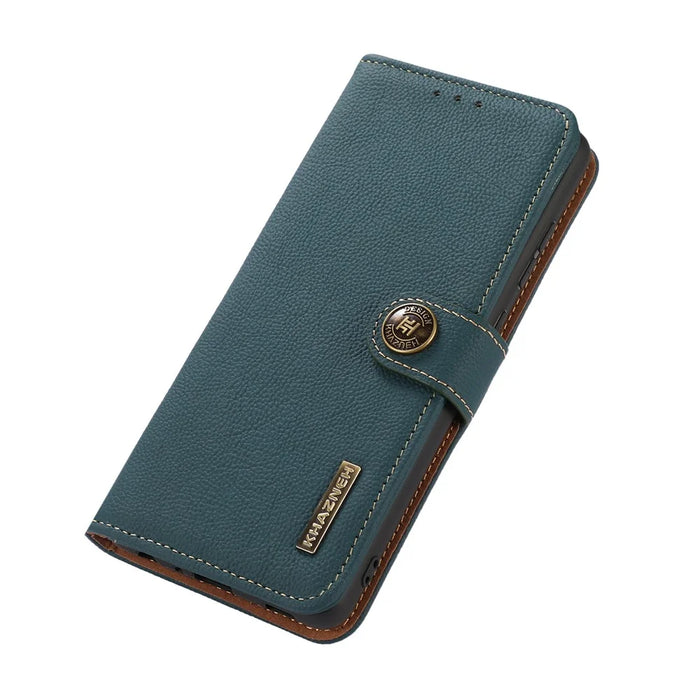 KHAZNEH For Samsung Galaxy A35 5G Magnetic Phone Case RFID Blocking Genuine Cow Leather Card Holder Cover - Green - 5